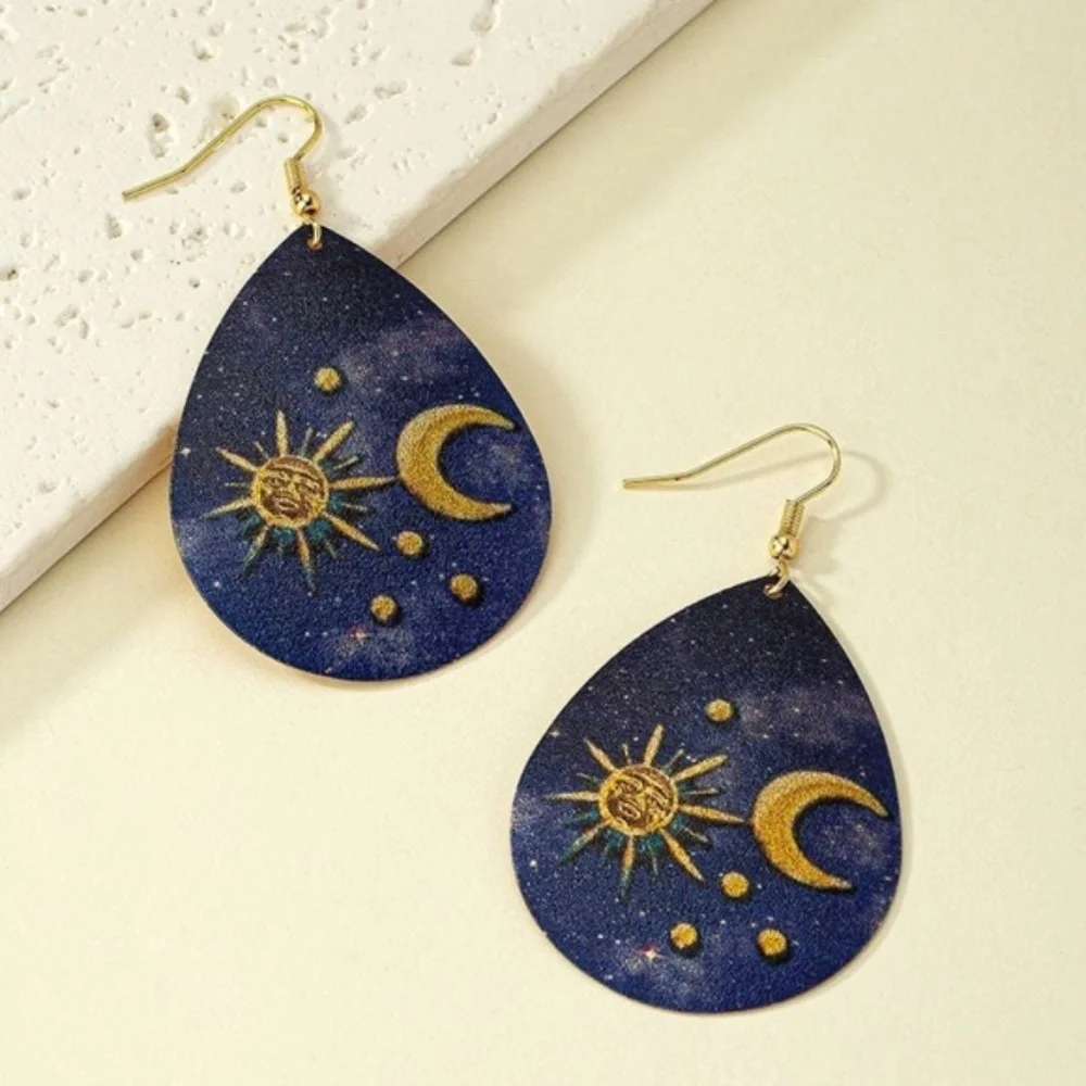 Womens Teardrop Sun Moon Blue Gold Tone‎ Earrings